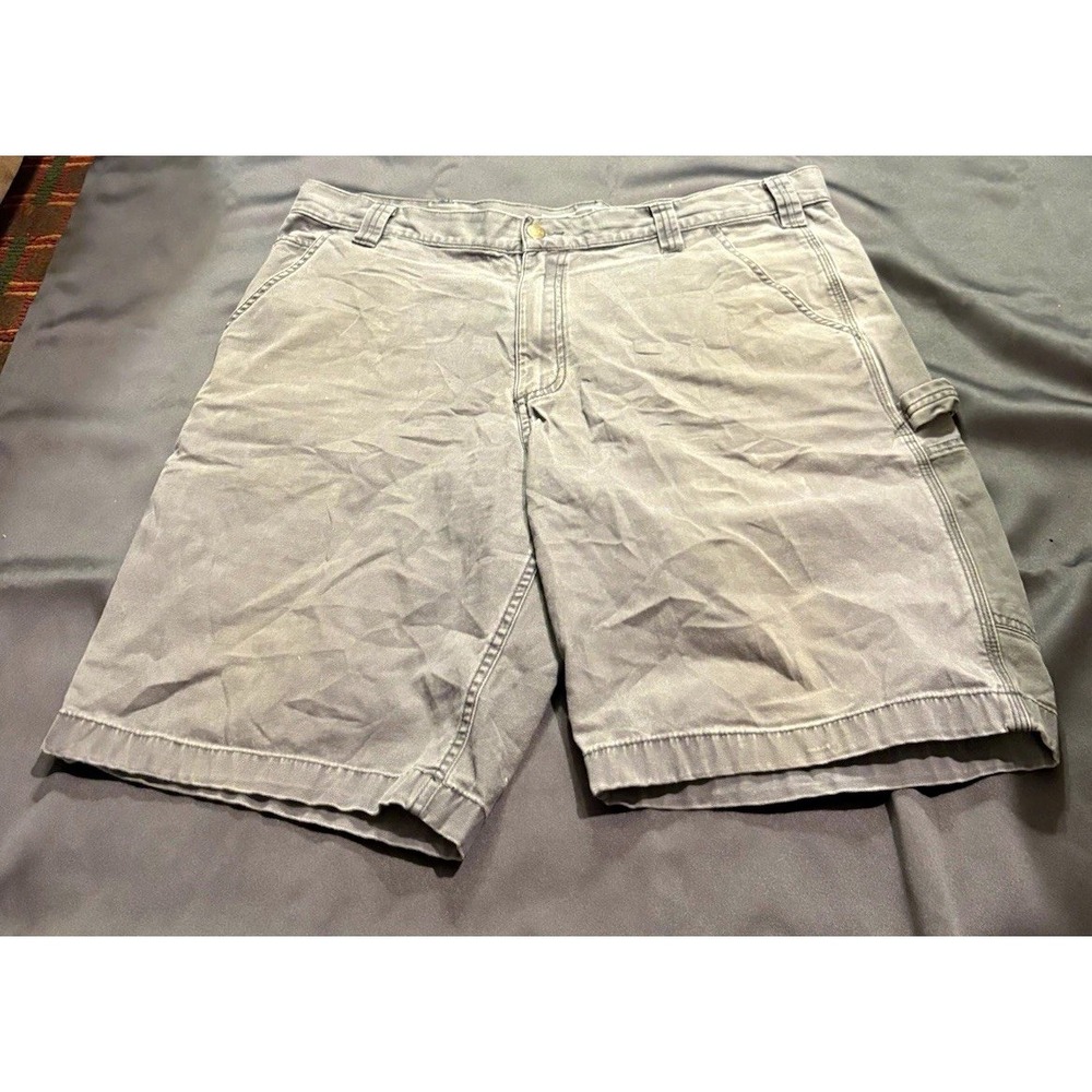 Carhartt Relaxed Fit Solid Gray Canvas Cotton Cargo Shorts Pockets Zip Logo